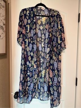LuLaRoe Navy Multi-Color Geometric Feather Kimono